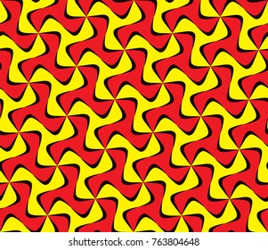 Tileable recurring sinuous warp op twisty ripply shape vivid orange color and dark black squiggly curvy ribbon with intricate nodes. Retro art style billowy wavelike form meander template fond surface