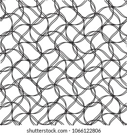 Tileable recurring sinuous warp twist shape dark grey color with squiggly curvy ribbon with intricate nodes. Retro art style billowy wave form template surface