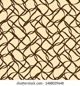 Tileable recurring sinuous warp twist shape dark brown color with squiggly curvy ribbon with intricate nodes. Retro art style billowy wave form template beige surface
