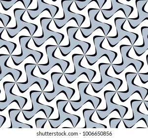 Tileable recurring sinuous warp twisty ripply shape light silver color with dark black squiggly curvy ribbons in retro art style. Linear billowy wavelike form meander surface
