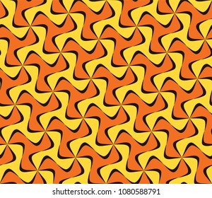 Tileable recurring sinuous warp twisty ripply shape bright orange color with dark black squiggly curvy ribbon with intricate nodes. Retro art style billowy wavelike form meander template fond surface