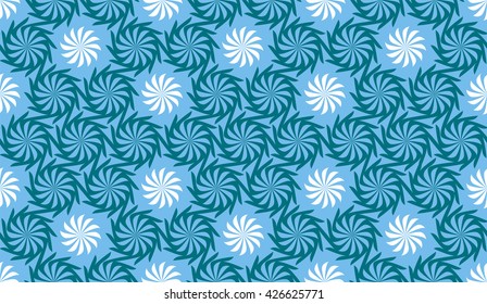 Tileable recurring twisty shape light cobalt color with dark turquoise curve bent stripes. Retro romantic art style motive billowy screw form template fond