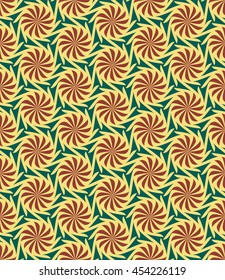 Tileable recurring twisty shape light yellow color fond with dark green curve bent stripes. Retro romantic art style motive billowy form template