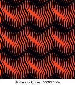 Tileable sinuous warp op wriggle shape form vibrant scarlet color on dark black squiggly bent strokes. Vivid parallel simple billowy curvy smooth winding modern style distorted twisty water fond