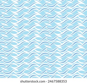 Tileable sinuous warp op wriggle shape form light white color on vivid blue squiggly bent strokes. Vibrant grey parallel simple billowy curvy smooth winding modern style distorted twisty water fond