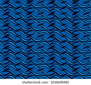 Tileable sinuous warp shape form openwork light cyan color with dark indigo squiggly bent strokes. Billowy curvy wavelike meander winding in simple linear vintage style distorted template fond