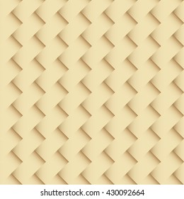 Tileable trendy staggered 3d quadrangle shape spliced form template. Bright ecru and light khaki colors modular mesh in retro style. Creative recurring concave interwoven crisscross mat fond design