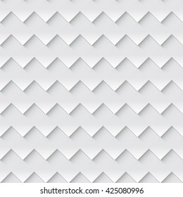 Tileable trendy staggered 3d triangle shape form template. Pale silver color modular mesh in retro style. Creative recurring concave interwoven zig zag mat fond design