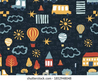 Tileable vector background for boys and children. Seamless pattern with cars, balloons and buildings. City illustration in cartoon style. Hand drawn pattern