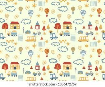 Tileable vector background for boys and children. Seamless pattern with cars, balloons and buildings. City illustration in cartoon style. Hand drawn pattern