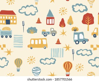 Antecedentes vectoriales inestables para niños y niños. Patrón sin problemas con autos, globos y edificios. Ilustración urbana al estilo de las caricaturas. Patrón dibujado a mano