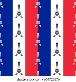 Tileable vector background in the colors of the national flag of France. The Eiffel Tower seamless pattern, red and blue. Suitable for print on souvenirs and gifts