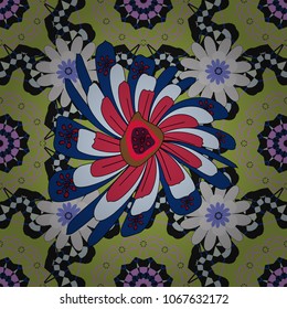 Tileable vector pattern for wallpaper, cards or fabric. Seamless pattern with green, black and blue flowers and leaves, abstract floral pattern.
