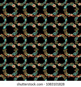 Tileable vector pattern for wallpaper, cards or fabric. Seamless pattern with brown, magenta and green flowers and leaves, abstract floral pattern.