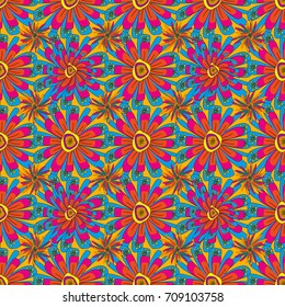 Tileable vector pattern for wallpaper, cards or fabric. Seamless pattern with orange, magenta and blue flowers and leaves, abstract floral pattern.