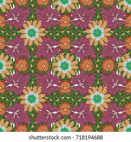 Tileable vector pattern for wallpaper, cards or fabric. Seamless pattern with green, beige and pink flowers and leaves, abstract floral pattern.