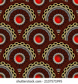 Tiled 3d mandalas seamless pattern. Ornamental greek style background. Ethnic round ornate mandalas with 3d buttons, chains, zippers, frames, greek key meanders. Repeat vector patterned ornaments.