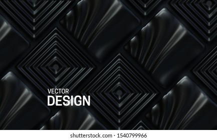 Tiled backdrop. Abstract geometric background. Vector 3d illustration. Black square shapes. Polygonal mosaic template. Minimal cover design. Vintage decoration elements for interior design