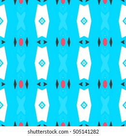 Tiled background with oriental ornaments. Aztec, mexican background. Ethnic tile seamless pattern. Hand drawn boho repeating pattern. Colorful blue indigo geometric seamless texture for swimwear. 