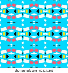 Tiled background with oriental ornaments. Aztec, mexican background. Ethnic tile seamless pattern. Hand drawn boho repeating pattern. Colorful blue indigo geometric seamless texture for swimwear. 