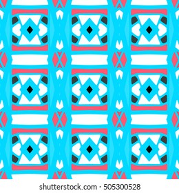 Tiled background with oriental ornaments. Aztec, mexican background. Ethnic tile seamless pattern. Hand drawn boho repeating pattern. Colorful blue indigo geometric seamless texture for swimwear. 