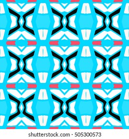 Tiled background with oriental ornaments. Aztec, mexican background. Ethnic tile seamless pattern. Hand drawn boho repeating pattern. Colorful blue indigo geometric seamless texture for swimwear. 