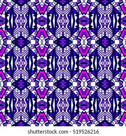 Tiled background with oriental ornaments. Aztec, mexican background. Ethnic tile seamless pattern. Hand drawn boho repeating pattern. Colorful blue indigo geometric seamless texture for swimwear.