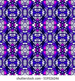 Tiled background with oriental ornaments. Aztec, mexican background. Ethnic tile seamless pattern. Hand drawn boho repeating pattern. Colorful blue indigo geometric seamless texture for swimwear.