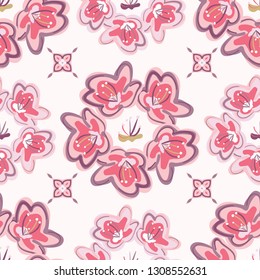 Tiled colorful abstract cherry blossoms, seamless repeat pattern. Vector design in pinks and purples. Pretty and inviting, great for paper designs, textiles, fashion, gift wrap and scrapbooking.