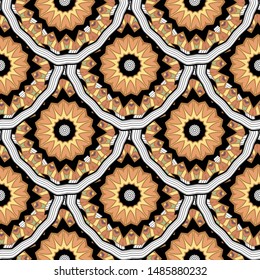 Tiled colorful ethnic vector seamless pattern. Ornamental tribal style background. Zigzag lines, shapes, stripes. Geometric mandalas. Decorative repeat ornament. For fabric, prints, wallpaper, textile