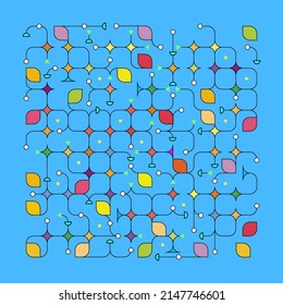 Construcciones enlosadas de contornos parciales con elementos de adorno floral, hojas, frutos. Composición rítmica sobre fondo azul.