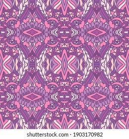 Tiled ethnic boho pattern for fabric. Abstract lavender geometric mosaic vintage seamless pattern ornamental.