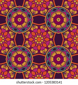Tiled ethnic ccolorful pattern for fabric. Abstract geometric mosaic flowers ans circles seamless pattern ornamental.