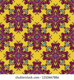Tiled ethnic colorful pattern for fabric. Abstract geometric mosaic vintage seamless pattern ornamental.