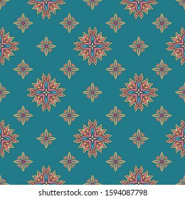 Tiled ethnic colorful pattern for fabric. Abstract geometric mosaic flowers and stars seamless pattern ornamental.
