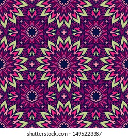 Tiled ethnic floral pattern for fabric. Abstract geometric mandala mosaic vintage seamless pattern ornamental.