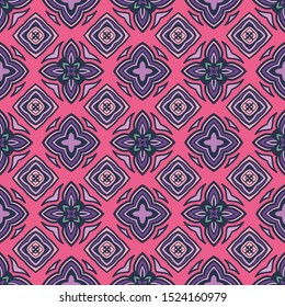 Tiled ethnic pattern for fabric. Abstract geometric mosaic vintage seamless pattern ornamental pink tiles