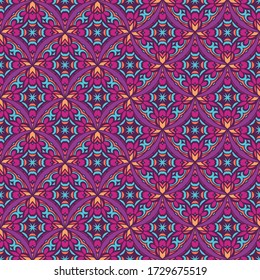 Tiled ethnic pattern for fabric. Violet Abstract damask geometric mosaic seamless background