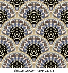 Estilo étnico enlosado alrededor de mandalas sin costura. Fondo de color ornamental vectorial. Repetir el fondo de los círculos. Ornamentos griegos con formas de círculo, líneas radiales, meandros, marcos, bordes, zigzag.