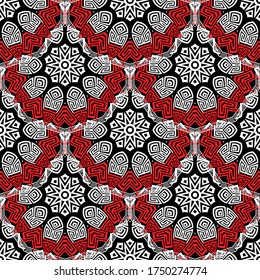 Mandalas florales enlosadas sin costura. Elegante decoración de fondo. Fondo de repetición ornamental griego. Ornamento geométrico. Resumen del diseño vectorial moderno. Formas geométricas, círculos, llave griega, serpentín.