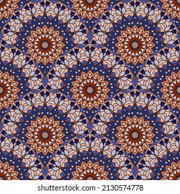 Mandalas florales enlosadas sin costura. Fondo ornamental motley brillante. Estilo étnico alrededor de mandalas con flores coloridas abstractas, círculos. Repetir el fondo con patrones vectoriales. Hermosos adornos.