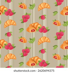 Tiled food pattern with golden croissants, fresh raspberries, and green leaves on soft striped background for decoration