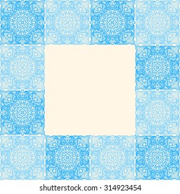 Tiled frame with tiles patterned in ethnic mandalas - abstract hand-drawn pattern. Vector illustration
