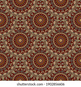 Tiled greek mandalas seamless pattern. Tribal ethnic style background. Vector floral backdrop. Modern ornaments with vintage flowers, borders, frames, circles, greek key, meanders, geometric shapes.