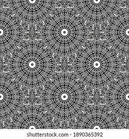 Estilo étnico tribal griega enlosado mandalas sin fisuras. Fondo geométrico en blanco y negro. Repetir el fondo abstracto. Ornamentos modernos con círculos, formas radiales, líneas, llave griega, serpenteantes.