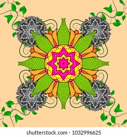 Tiled mandala design, best for print fabric or papper and more. Vector Mandala. Boho style flower seamless pattern. Beige, green and gray colors.