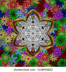 Tiled mandala design, best for print fabric or papper and more. Green, white and red colors. Boho style flower seamless pattern. Vector Mandala.