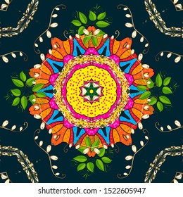 Tiled mandala design, best for print fabric or papper and more. Boho style flower seamless pattern. Vector Mandala. Blue, green and yellow colors.