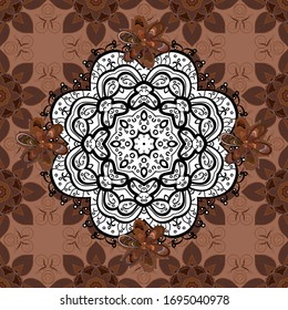 Tiled mandala design, best for print fabric or papper and more. Brown, white and black colors. Boho style flower seamless pattern. Vector Mandala.