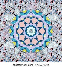 Tiled mandala design, best for print fabric or papper and more. Vector Mandala. Boho style flower. Blue, neutral and gray colors.